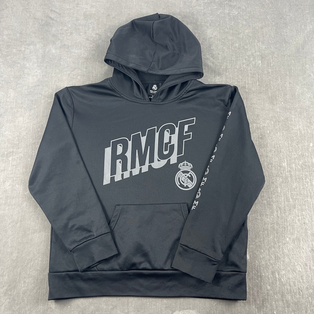 Real Madrid Mens L Black Hoodie RMCF Graphic Sleeve Logo Soccer Sweatshirt